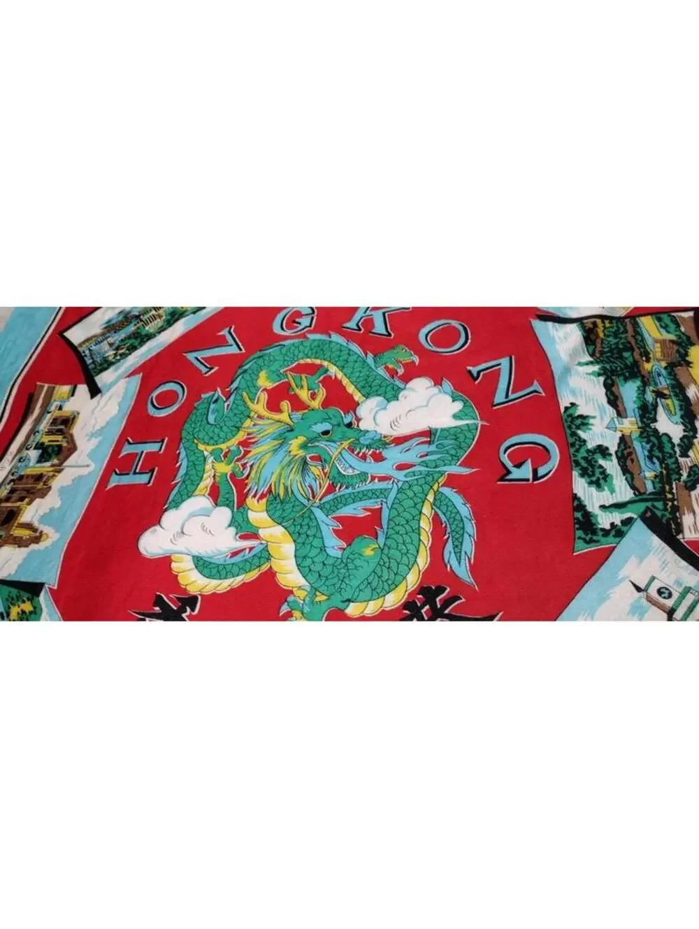 Vintage 1940s 50s Green Dragon Scarf HONG KONG Bably Blue Chinese Red Landscapes
